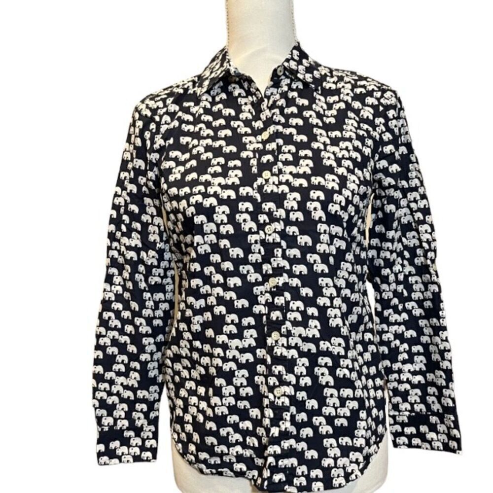 Talbots Petites Navy with White Elephants Button Down Women's Size Small Petite‎
